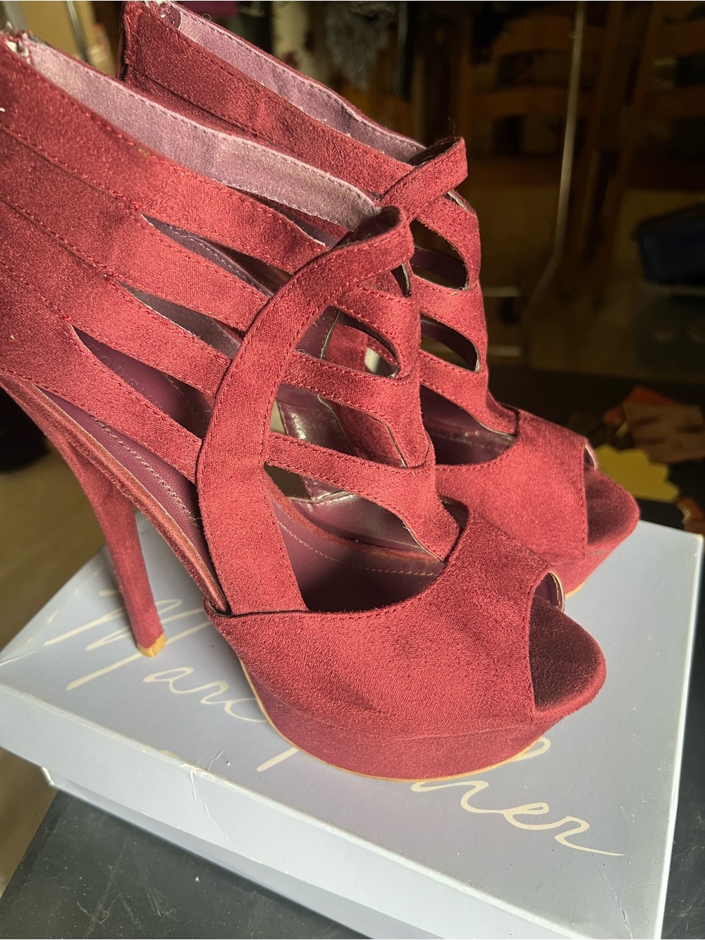 Forever 21 Women's Burgundy Suede Peep-Toe High Heels